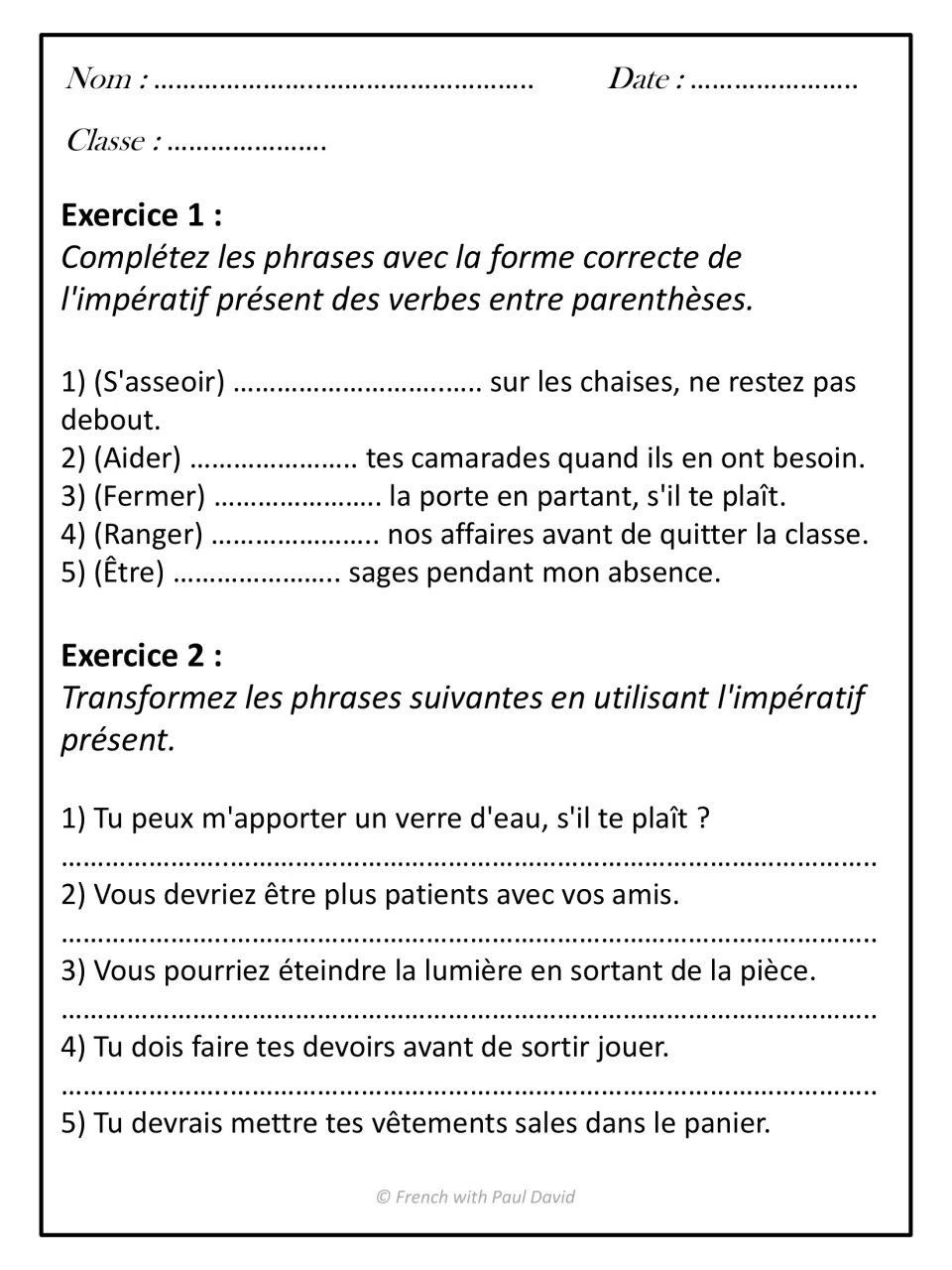 Imperative practice: students fill in five verbs such as s'asseoir and être, then rewrite five requests as commands