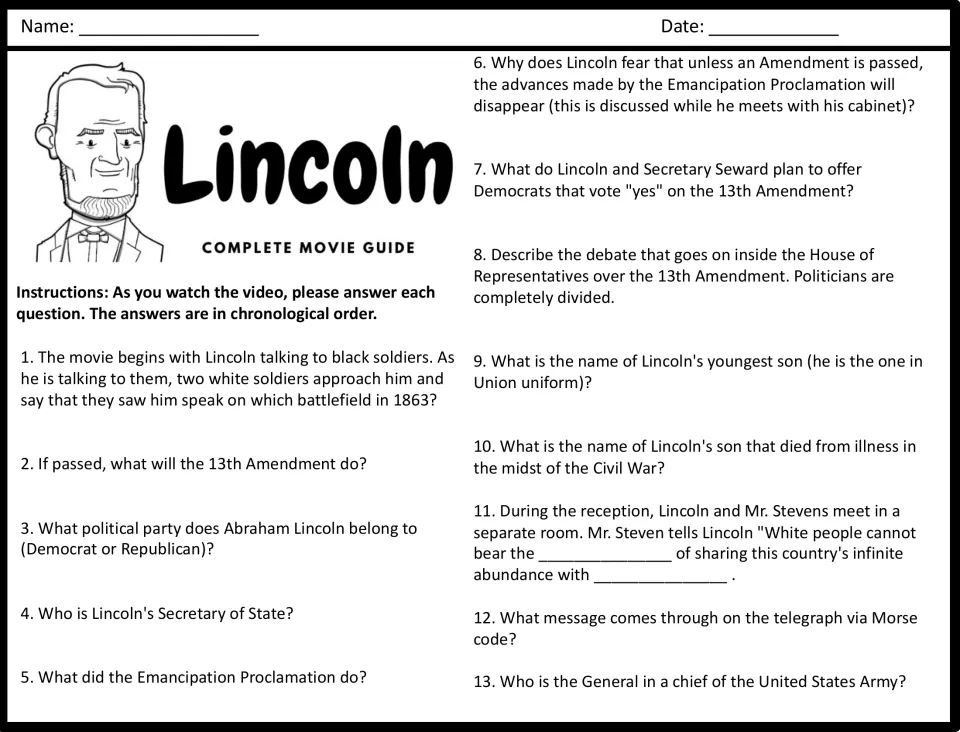 Movie guide questions 1–13 cover Gettysburg, the 13th Amendment, emancipation, and Lincoln's family.
