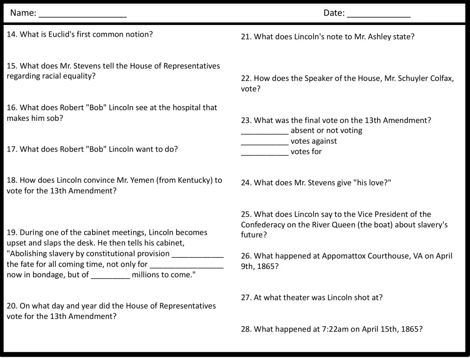 Movie guide questions 14–28 cover racial equality, the amendment vote, surrender, and Lincoln's death.