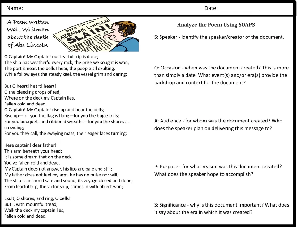 Poem analysis pairs "O Captain! My Captain!" with SOAPS prompts on speaker, occasion, audience, and more.