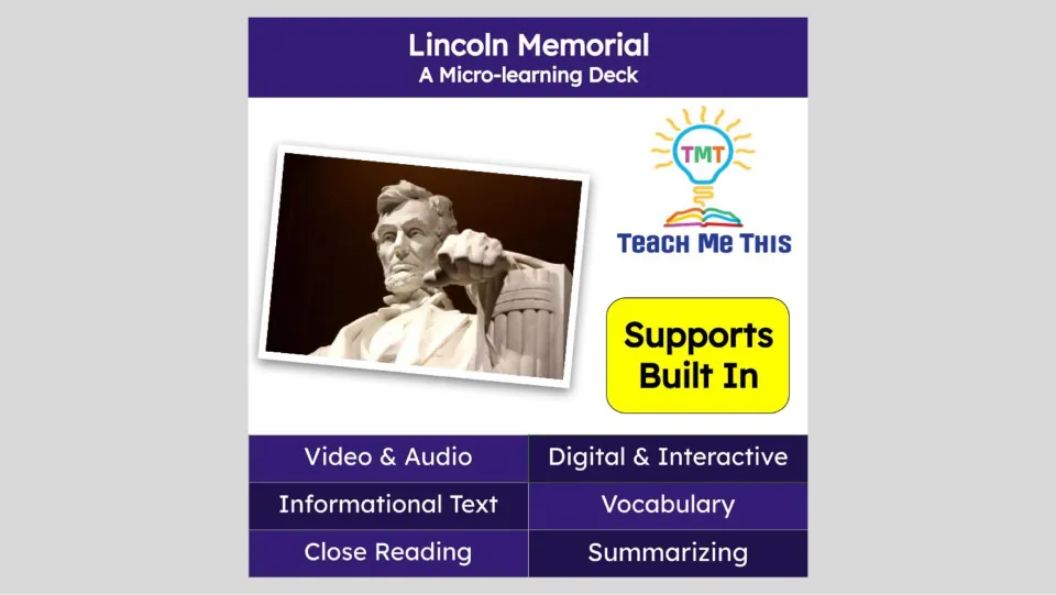 Cover of the Lincoln Memorial micro-learning deck, listing video, audio, vocabulary, and summarizing.