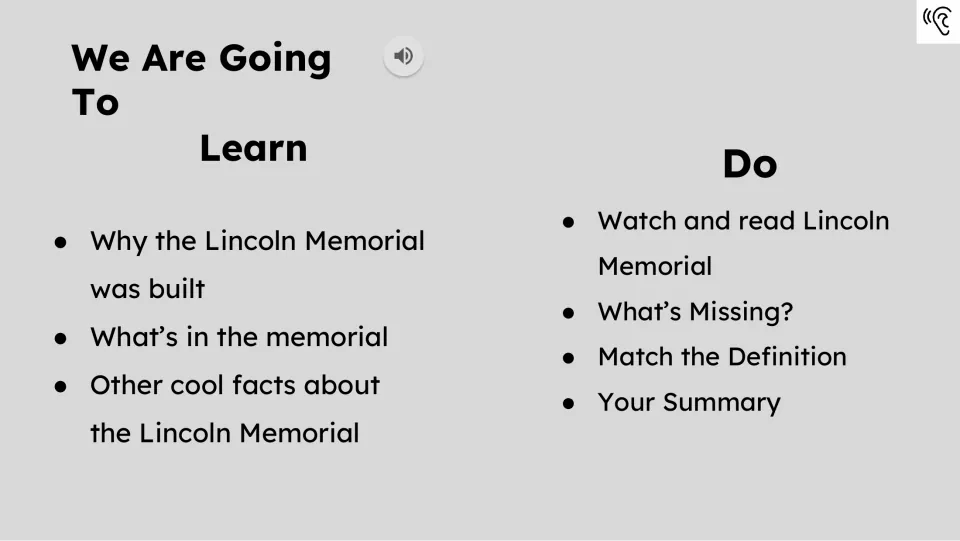 Learning goals cover why the memorial was built, what is inside, and facts; tasks include a summary.