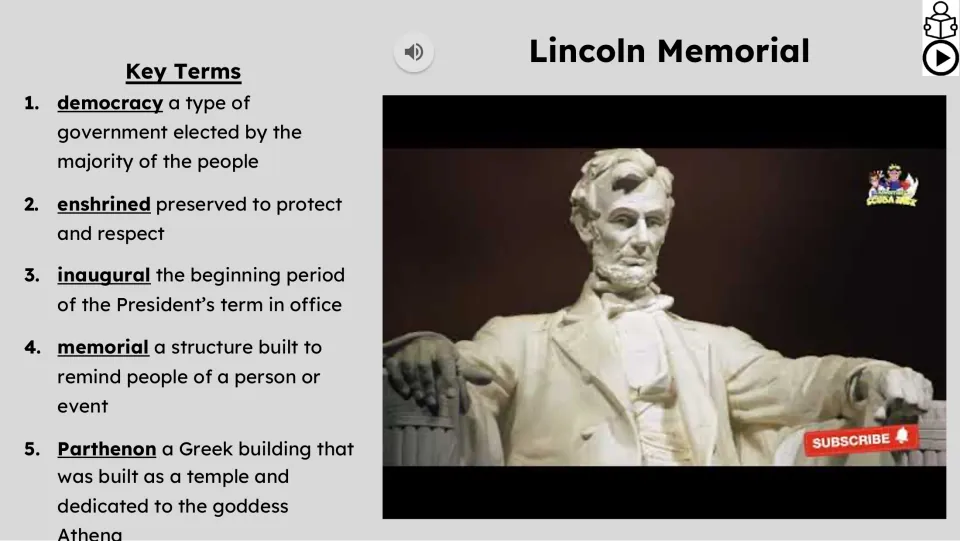 Video lesson slide defines democracy, enshrined, inaugural, memorial, and Parthenon beside a video still.