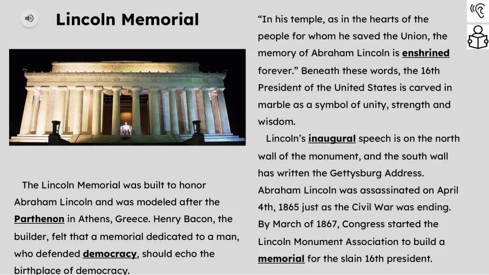 Reading passage begins with the memorial’s purpose, Greek inspiration, statue, and inscribed speeches.