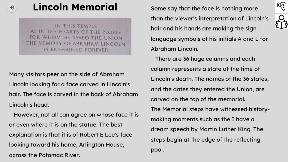 Reading passage continues with statue legends, 36 state columns, and Martin Luther King’s speech.