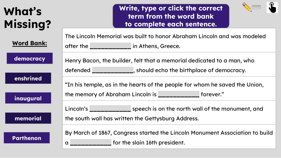 What’s Missing? asks students to complete five sentences about the memorial using a five-term word bank.