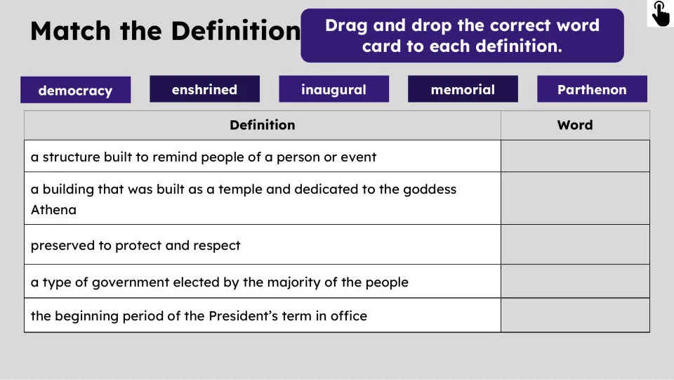 Matching task asks students to pair democracy, enshrined, inaugural, memorial, and Parthenon with definitions.
