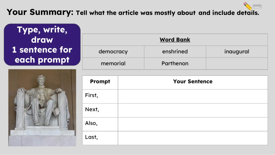 Summary task asks for one sentence each beginning First, Next, Also, and Last, with a vocabulary word bank.