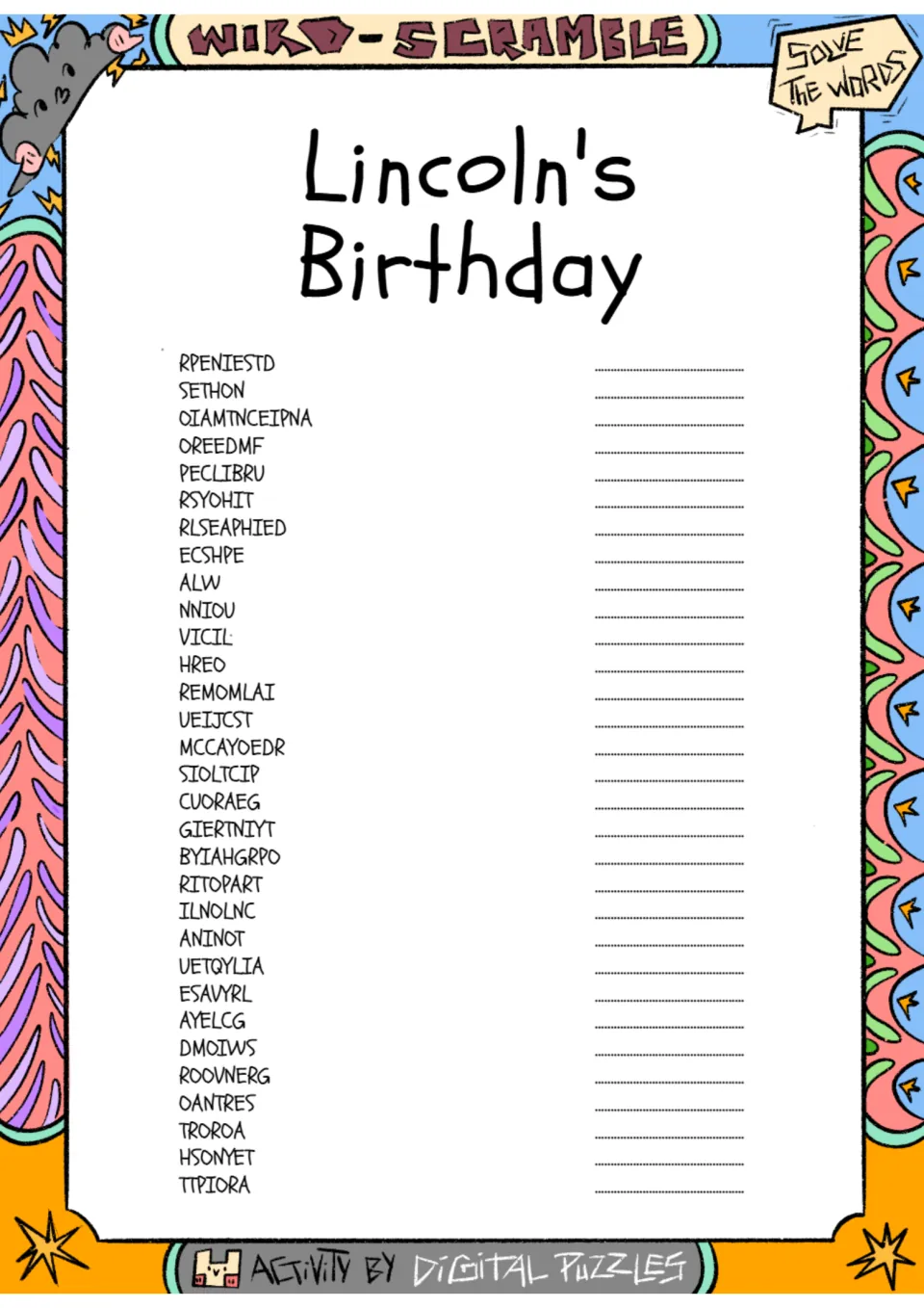 Lincoln's Birthday word scramble: students unscramble 30 words such as RPENIESTD and SETHON, writing each answer