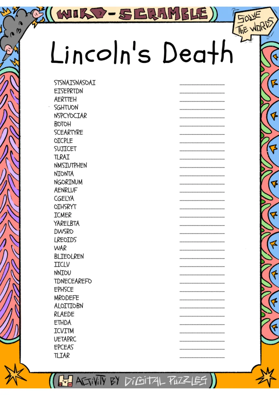 Word scramble about Lincoln's death: 34 scrambled entries for terms including president, theater, and justice.