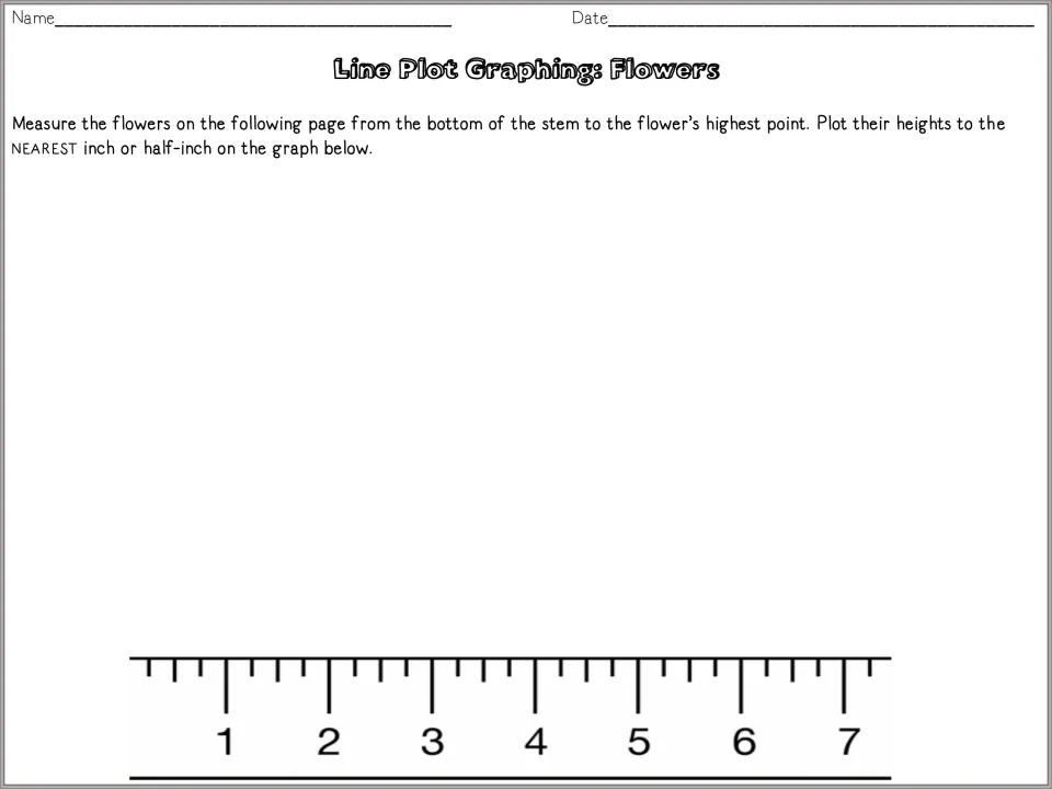 Line plot of flower heights: students measure each flower to the nearest inch or half-inch and plot it on a 1-7 inch scale