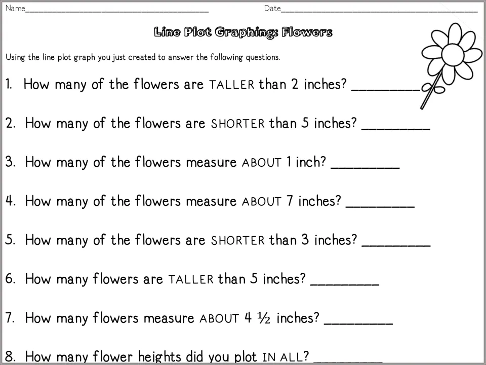 Flower line plot questions: students read their graph to count flowers taller, shorter or about a given height in inches
