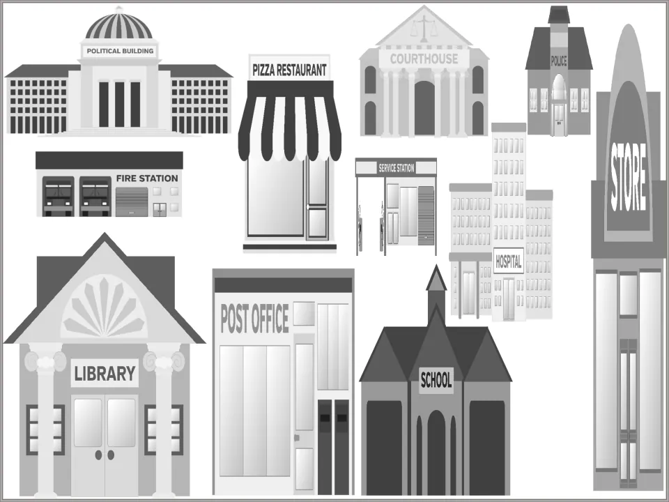 Building pictures to measure, including a library, post office, school, hospital, fire station, courthouse and pizza shop