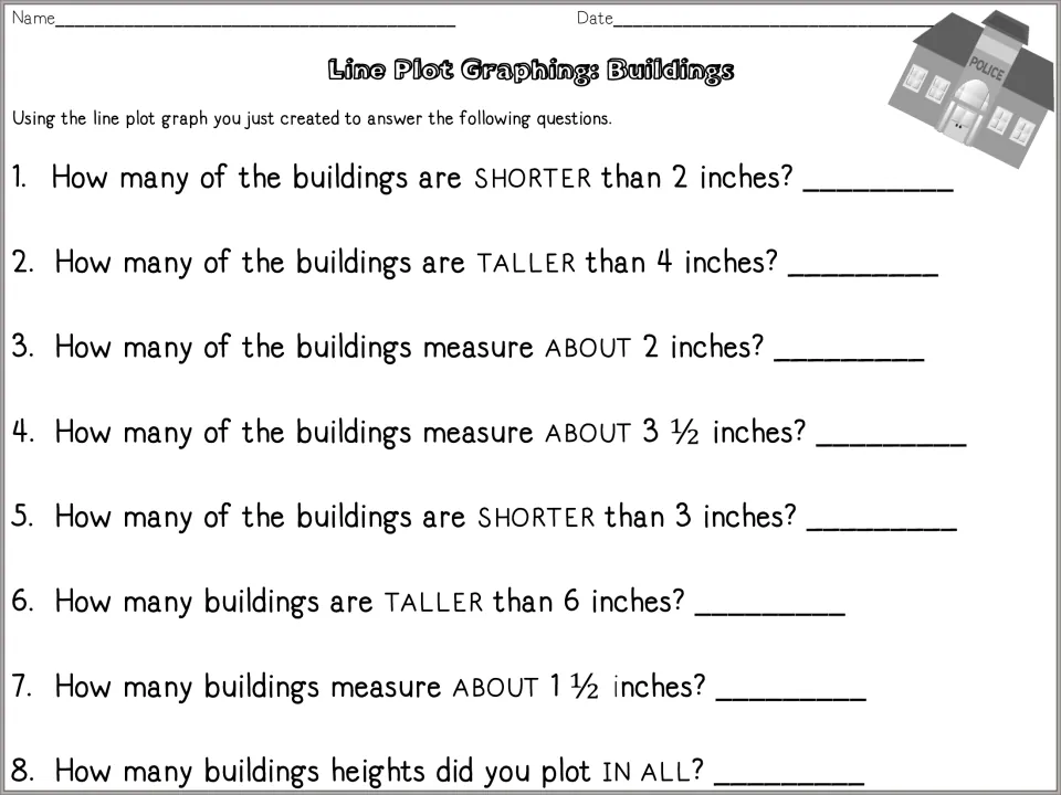 Building line plot questions: students use their graph to count buildings shorter, taller or about a set number of inches