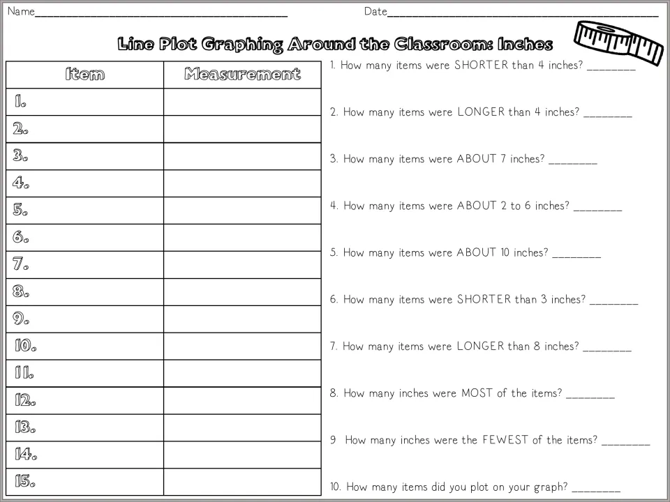 Classroom items record in inches: students list each item and its measurement, then answer 10 line plot questions