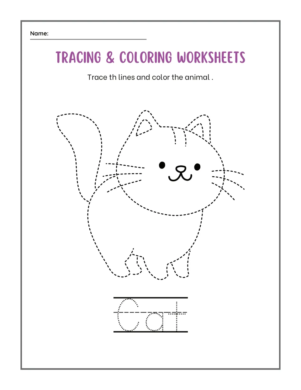 Cat tracing: students follow the dashed lines of a smiling cat with whiskers and a raised tail, color it and trace Cat
