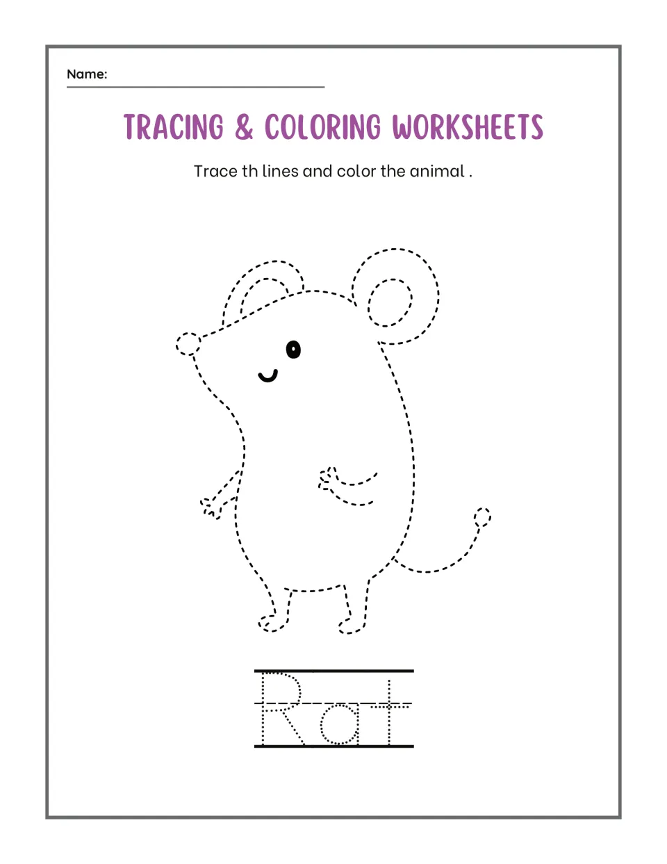 Rat tracing: students trace the dashed outline of a small round-eared rat with a curly tail, color it, then trace Rat