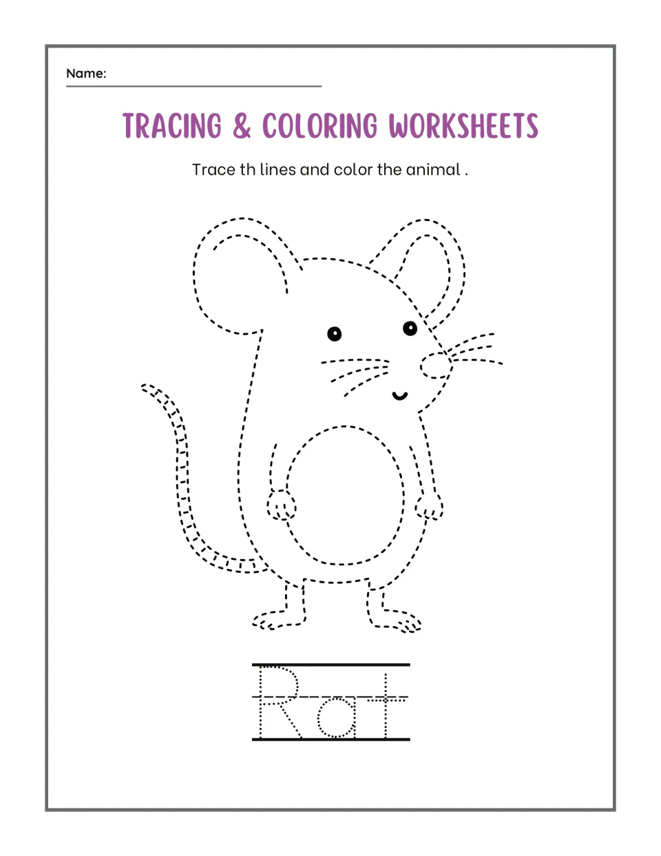 Second rat page: students trace a standing rat with big ears, whiskers and a long tail, color it and trace the word Rat