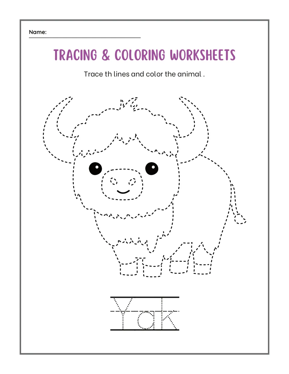 Yak tracing: students trace a shaggy, horned yak along its dashed fur and hooves, color it, then trace the word Yak