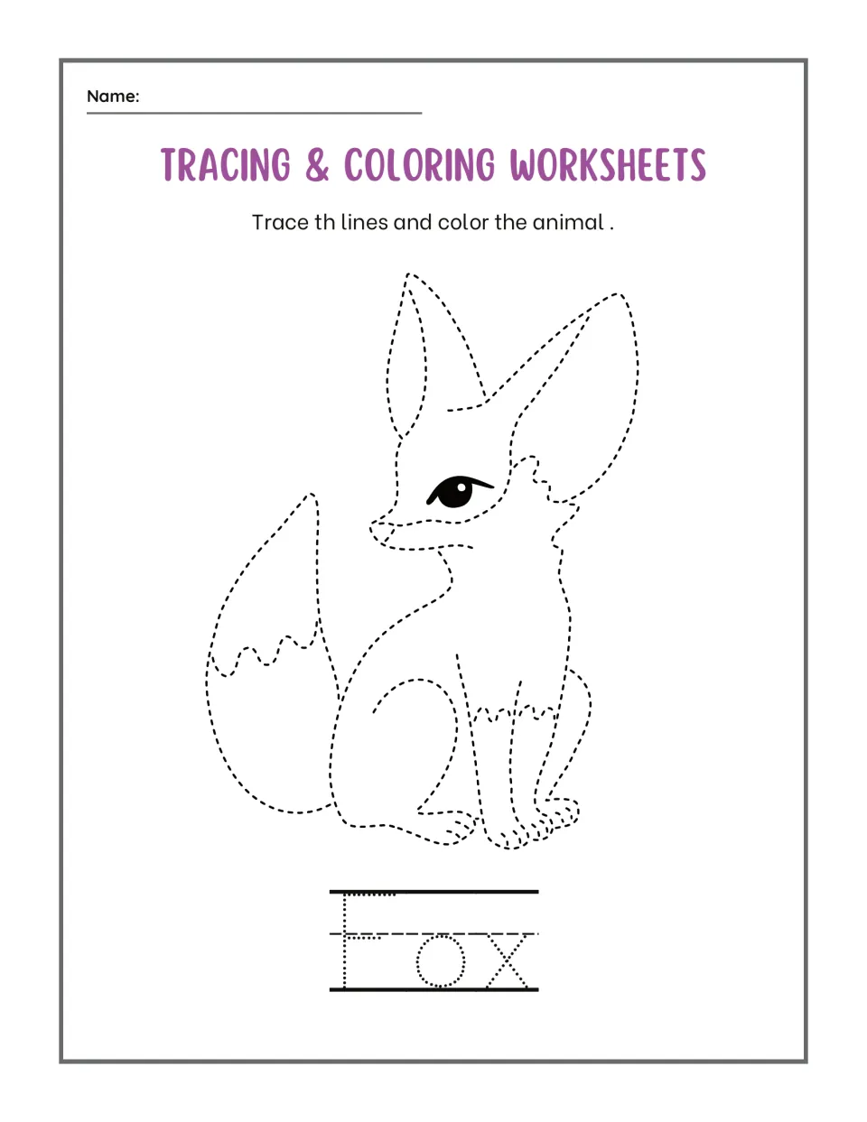 Fox tracing: students follow the dashed lines of a sitting fox with tall ears and a fluffy tail, color it and trace Fox