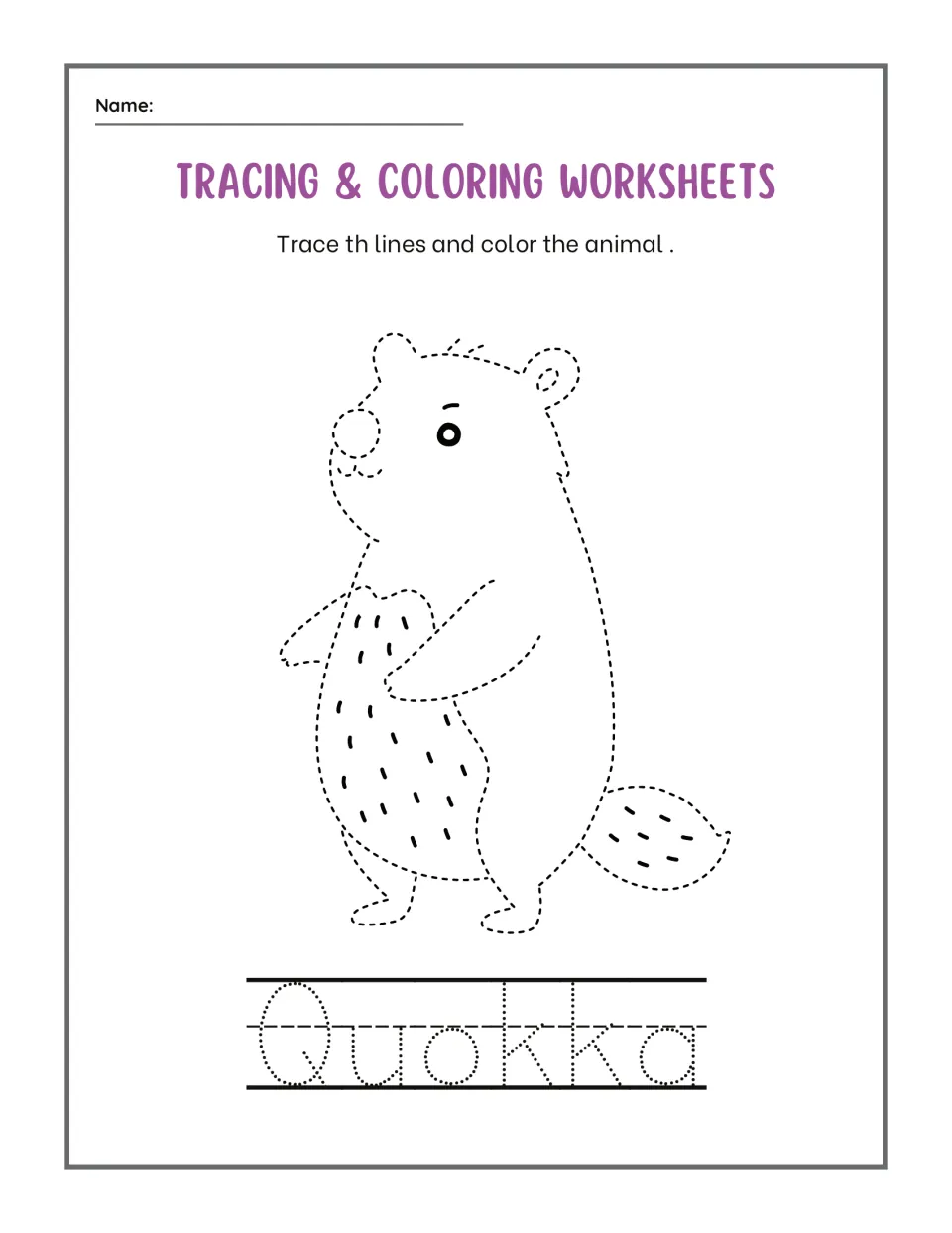 Quokka tracing: students trace the dashed outline of a standing quokka with a spotted belly, color it and trace Quokka