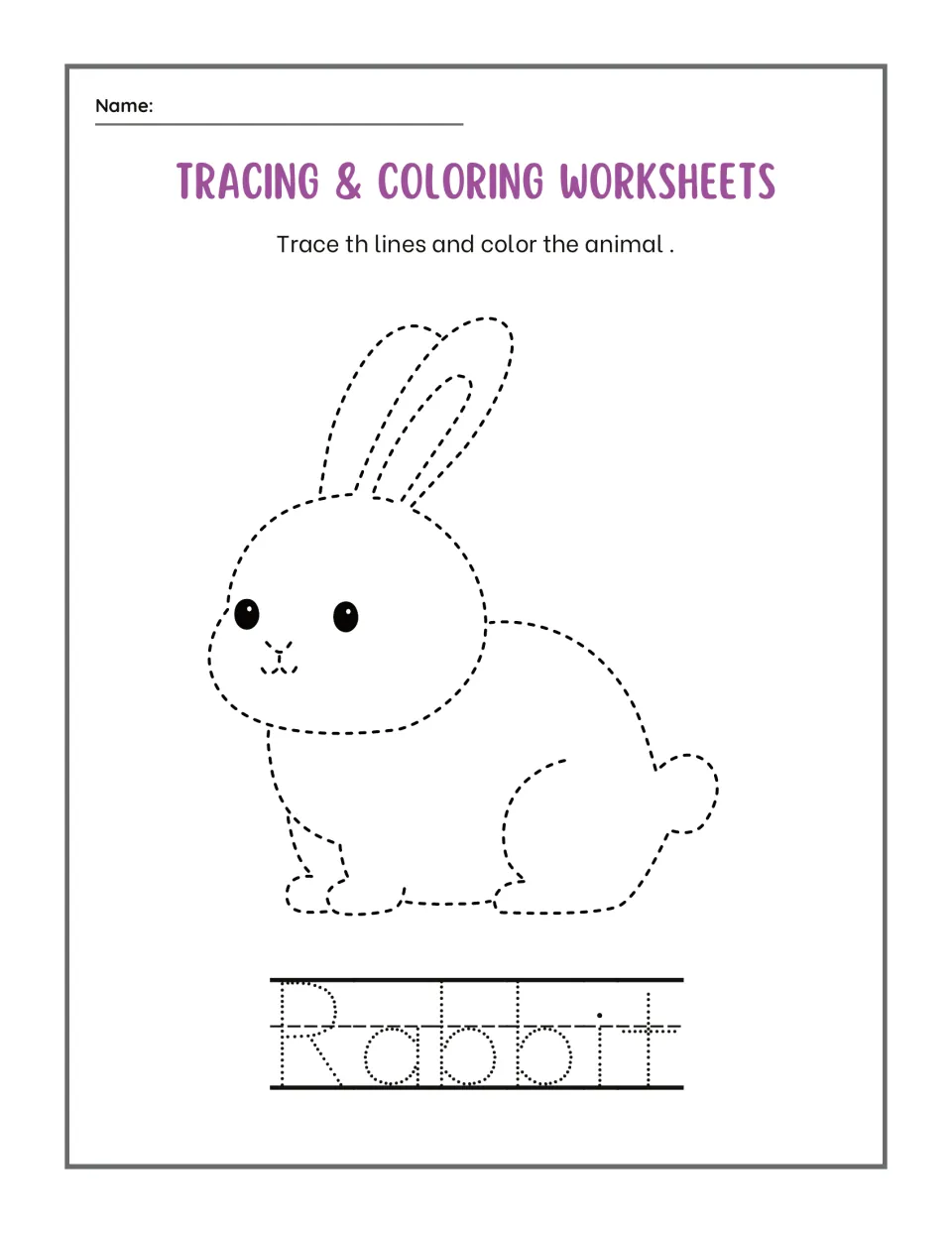 Rabbit tracing: students trace the dashed outline of a sitting rabbit with long ears, color it, then trace the word Rabbit
