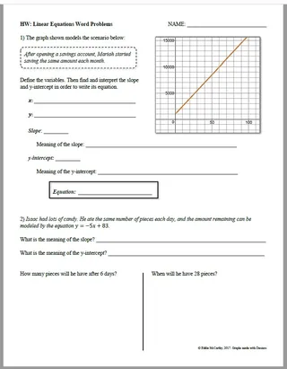 Linear Equation Word Problems – Notes + Homework – sample page 4