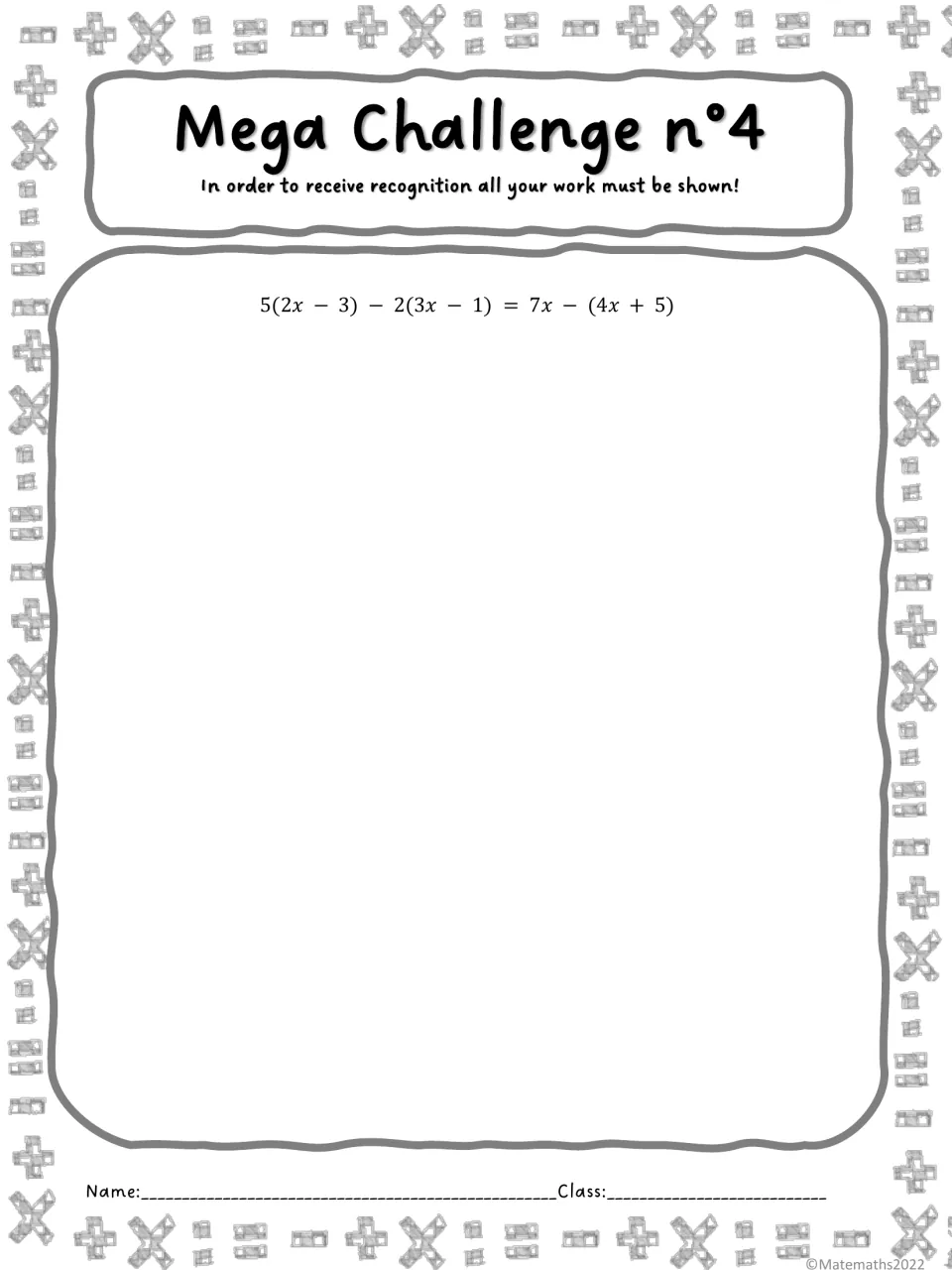 Mega Challenge n°4: solve 5(2x − 3) − 2(3x − 1) = 7x − (4x + 5), collecting like terms and moving x to one side