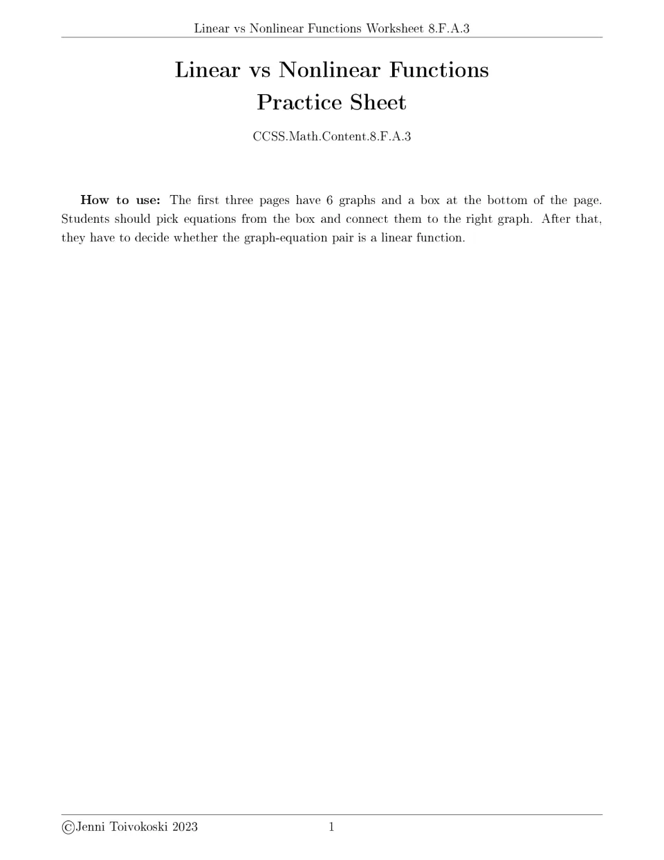 Practice sheet title page for 8.F.A.3 with how-to-use notes: match equations to graphs, then decide if each is linear