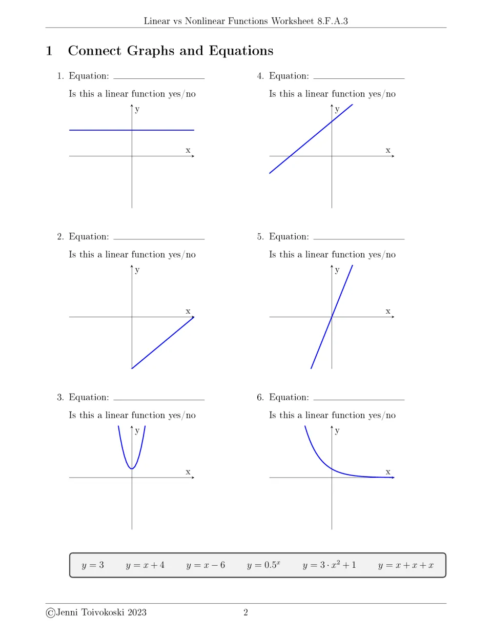 Connect Graphs and Equations part 1: students match six equations such as y = 3 and y = 3·x²+1 to graphs and judge linearity