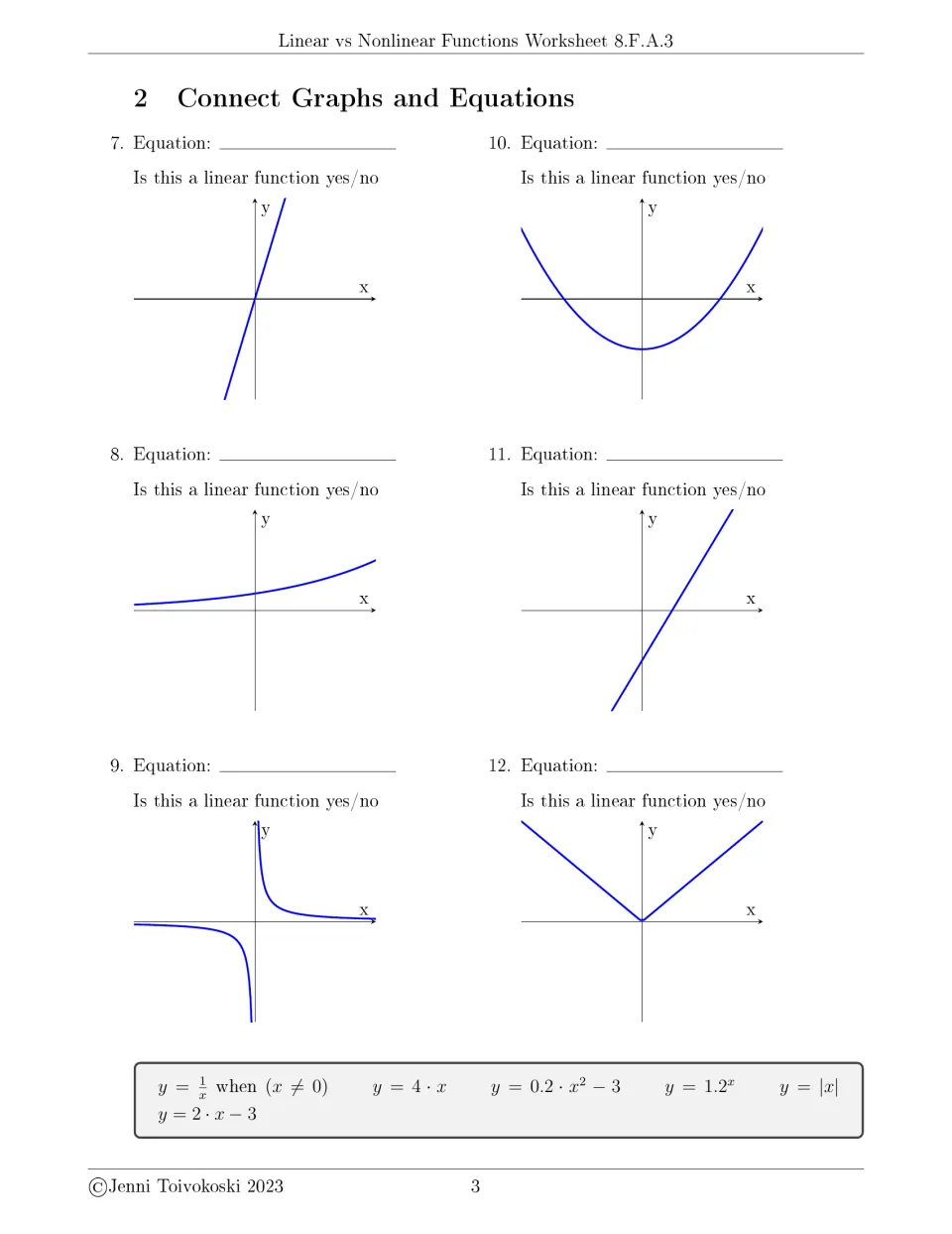 Connect Graphs and Equations part 2: students pair y = 1/x, y = |x|, y = 1.2^x and more with graphs and mark linear yes/no