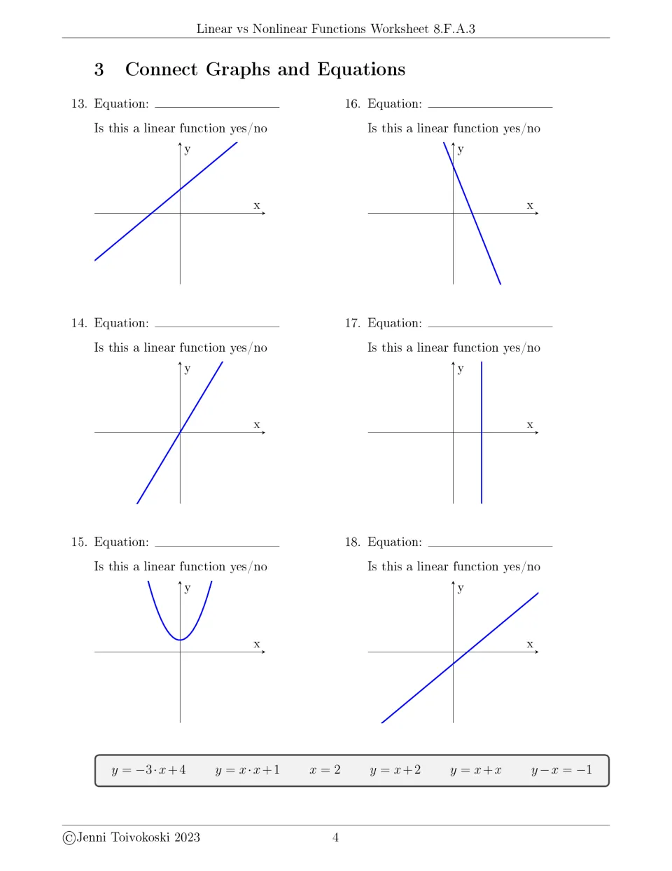 Connect Graphs and Equations part 3: students match x = 2, y − x = −1 and y = x·x+1 to graphs, including a vertical line