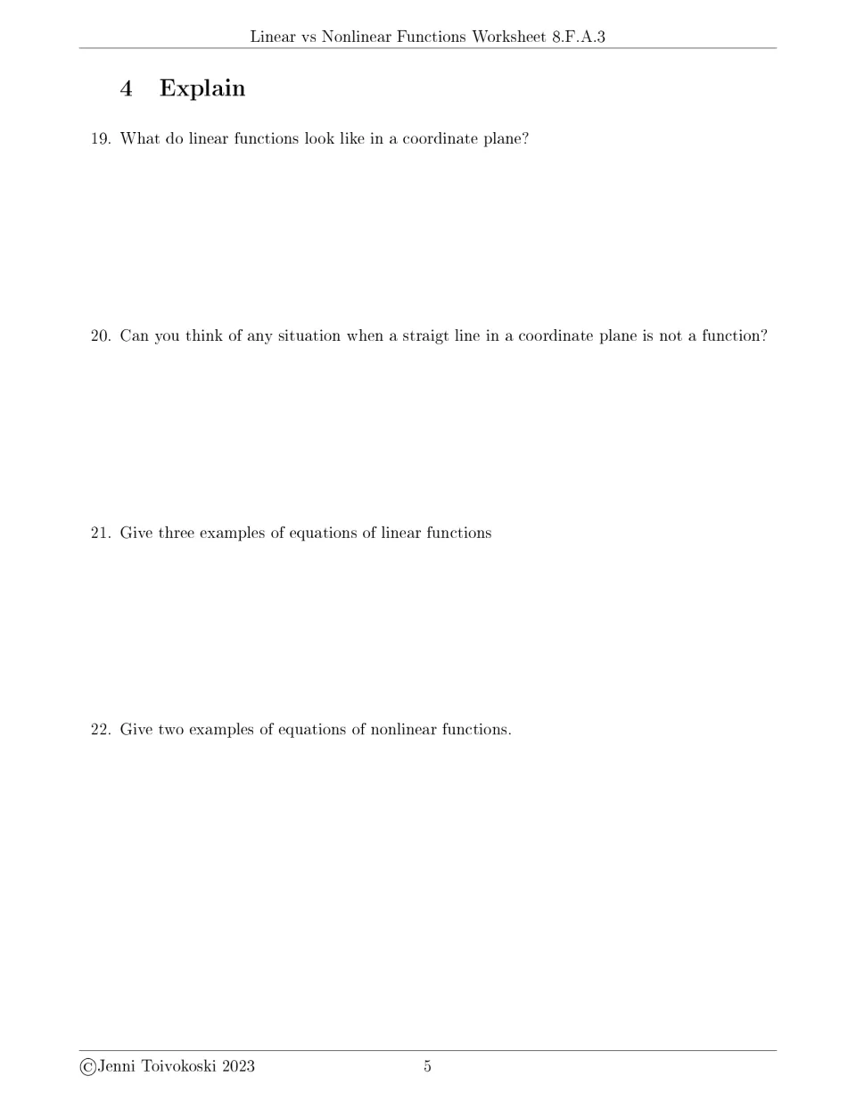 Explain section: students describe how linear functions look on a coordinate plane and write linear and nonlinear equations