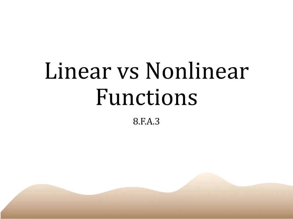 Cover slide for Linear vs Nonlinear Functions, introducing the math presentation labeled 8.F.A.3