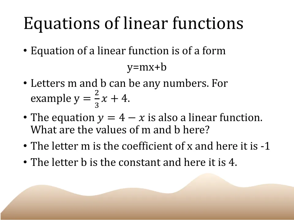 Lesson slide introducing y = mx + b and identifying m = -1 and b = 4 in the linear equation y = 4 - x