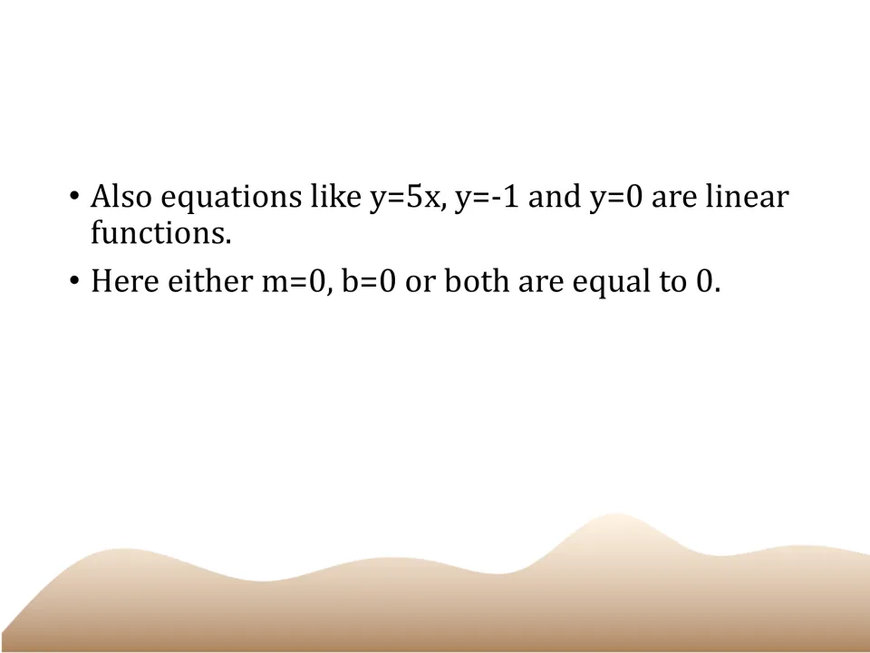 Lesson slide showing y = 5x, y = -1, and y = 0 as linear functions where m, b, or both equal zero