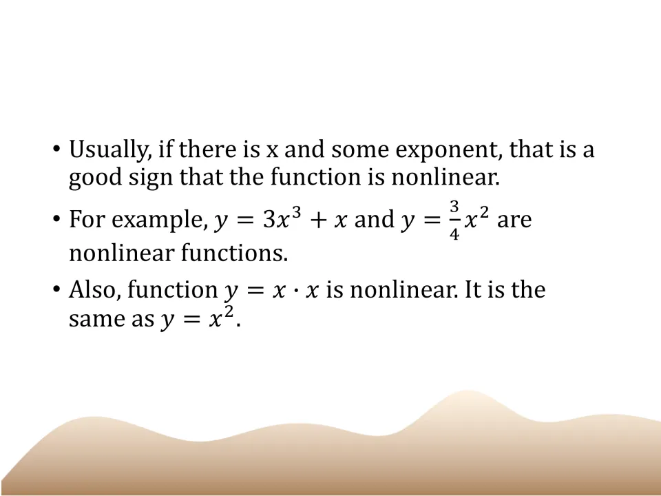 Lesson slide using y = 3x³ + x, y = (3/4)x², and y = x · x to illustrate nonlinear function equations