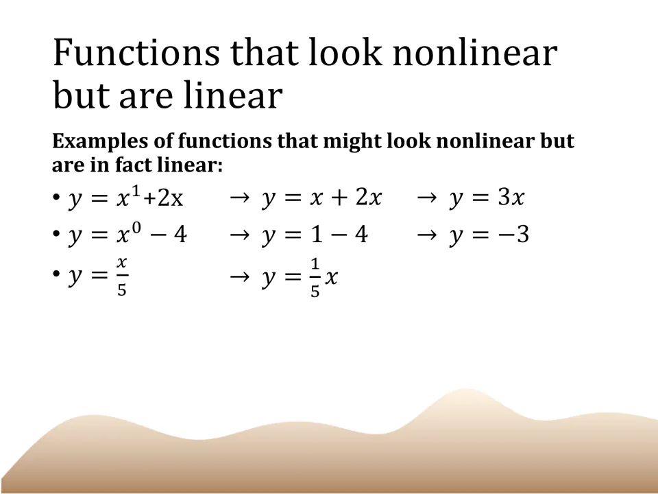 Lesson slide simplifying seemingly nonlinear equations to linear forms: y = 3x, y = -3, and y = (1/5)x