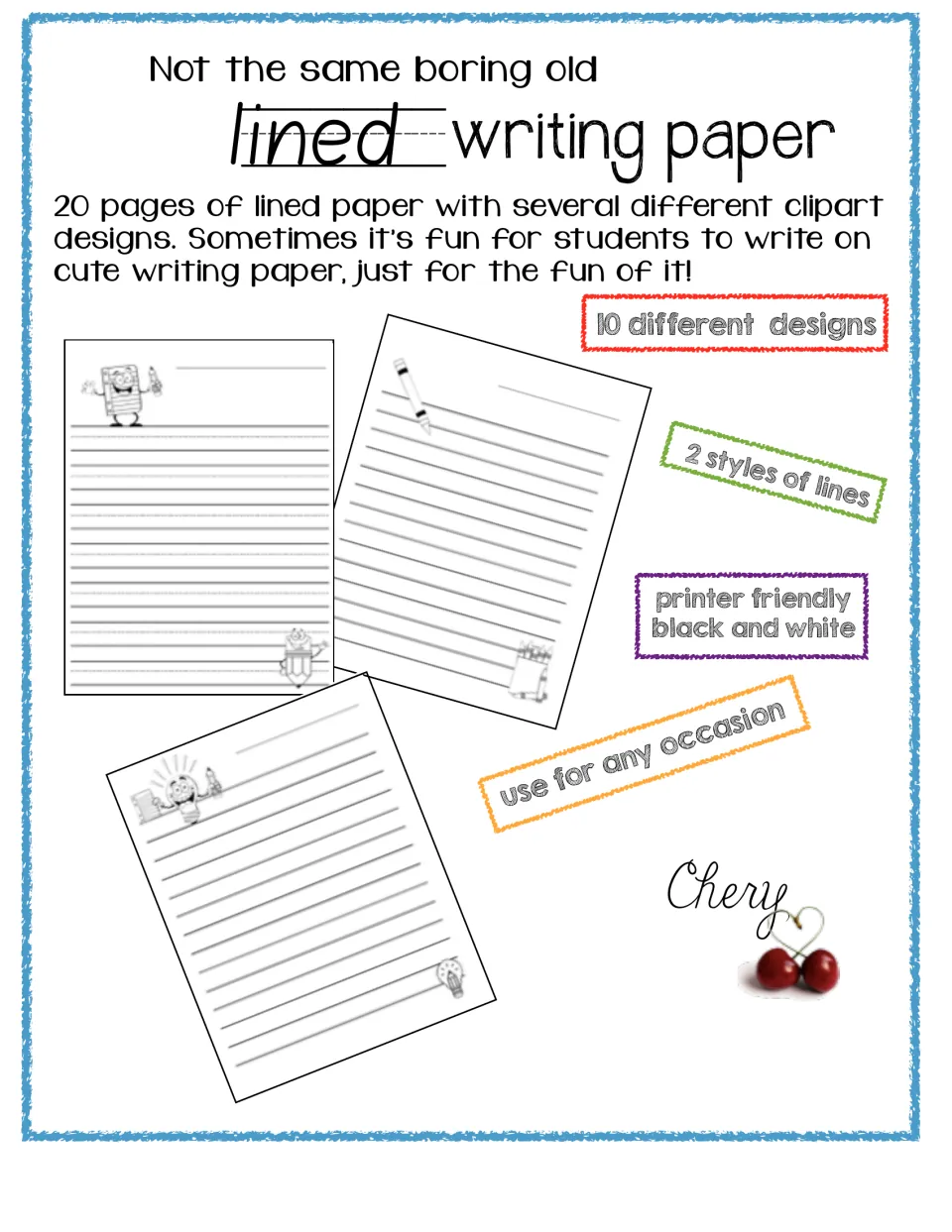 Writing paper collection cover announcing 20 pages, 10 different designs, and two writing formats for any occasion