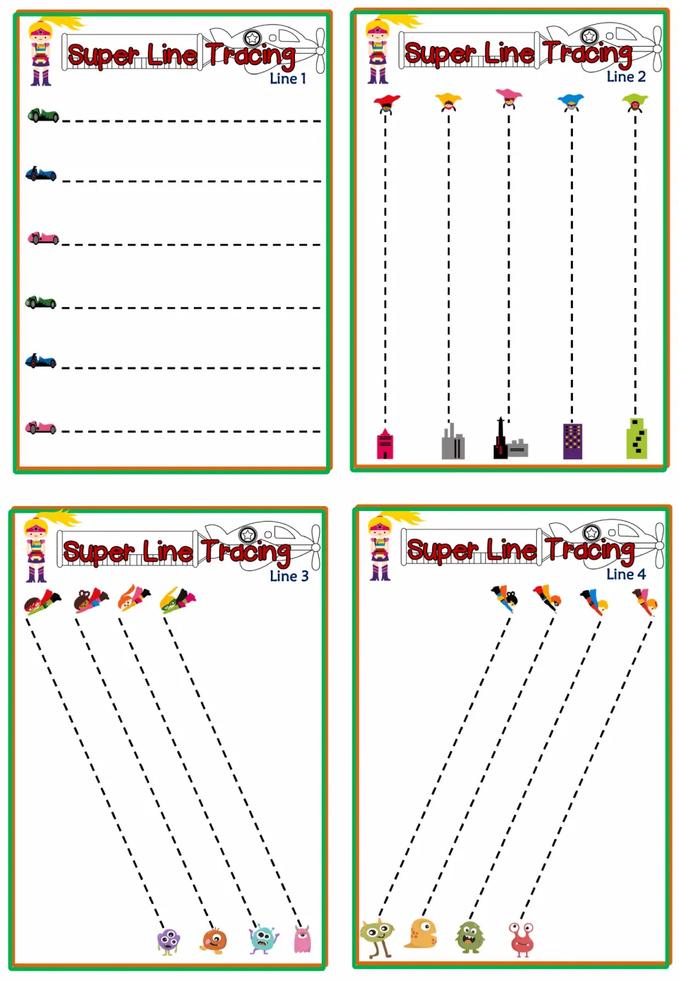 Super Line Tracing Lines 1-4: students trace dashed straight lines across, down and on a slant to buildings and monsters