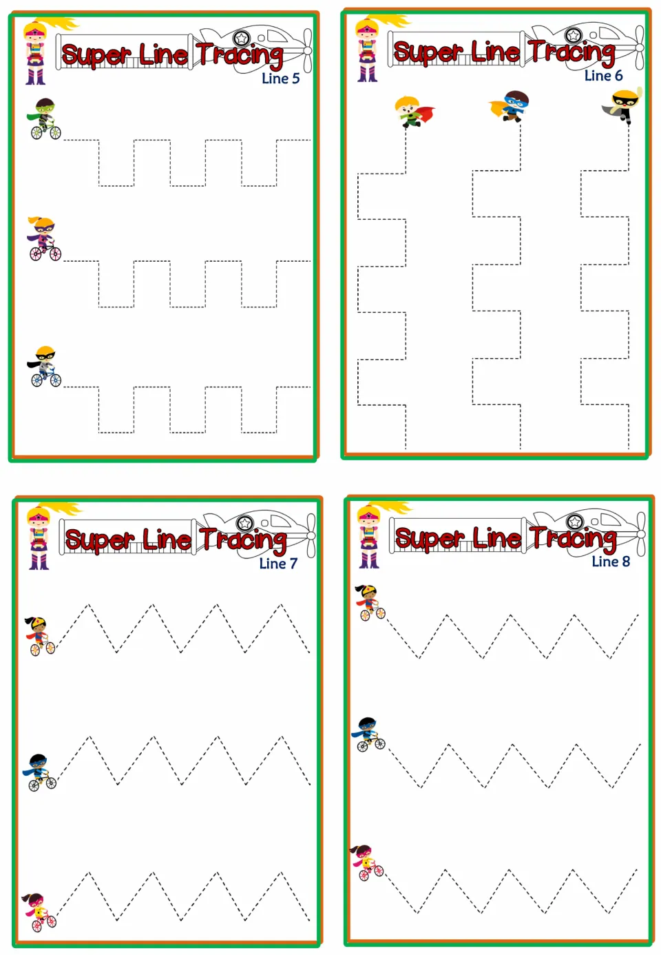 Super Line Tracing Lines 5-8: students trace dashed square-wave paths across and down, then zigzag rows from bikers