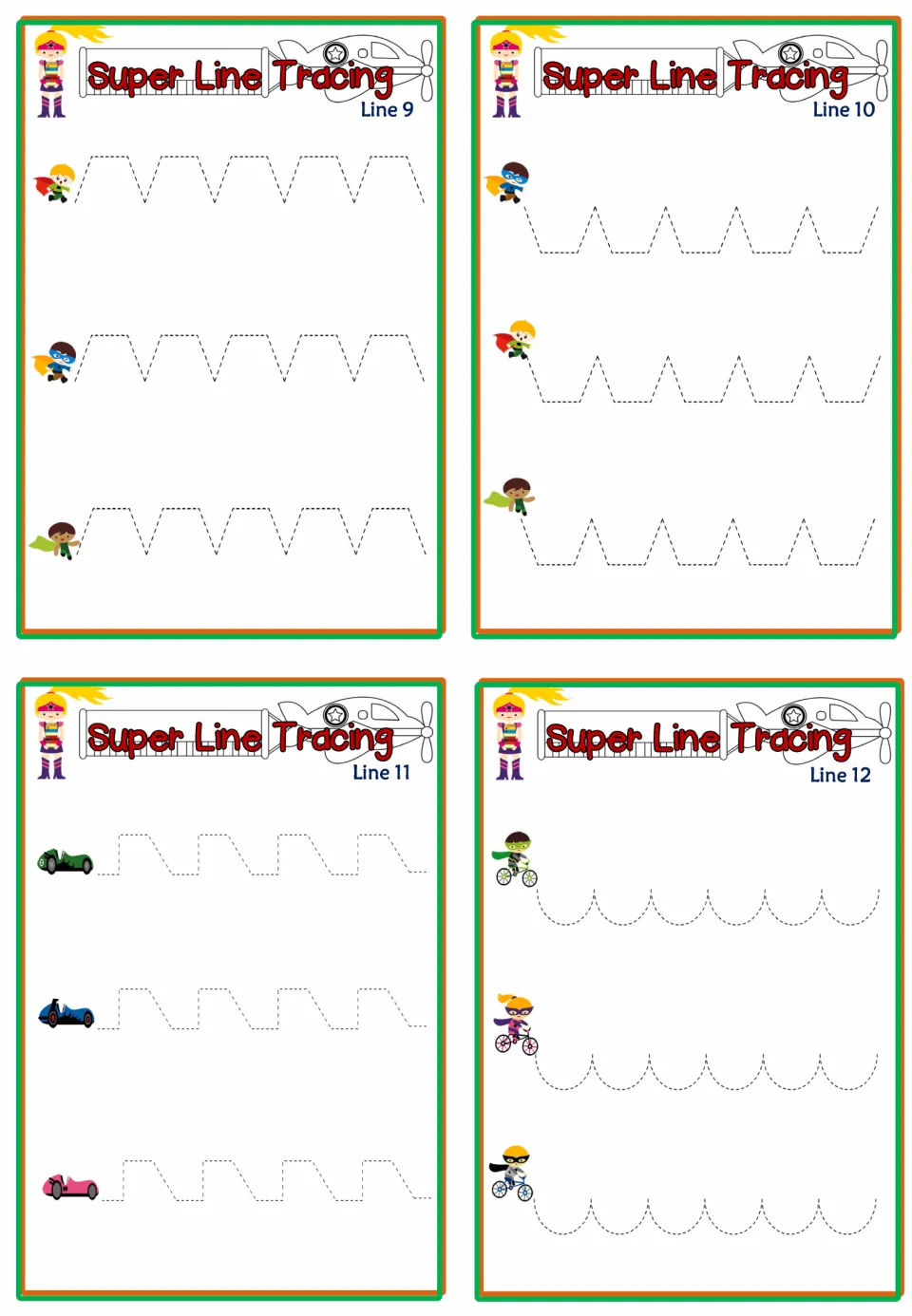 Super Line Tracing Lines 9-12: students trace dashed trapezoid waves, slanted step paths and scallop curves in rows