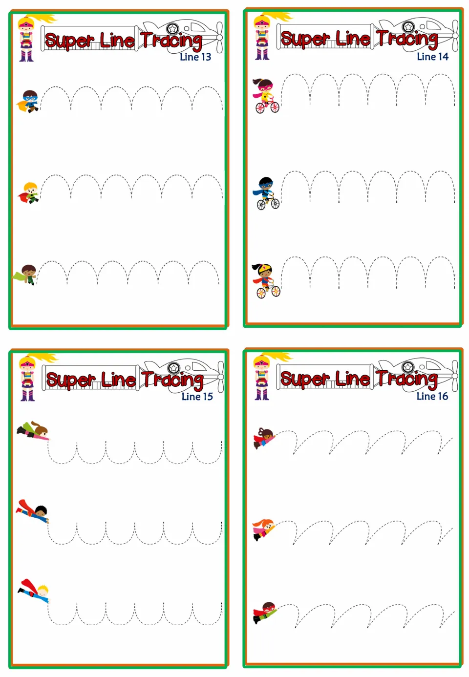 Super Line Tracing Lines 13-16: students trace dashed arches, hump curves, cup-shaped scallops and slanted hooks
