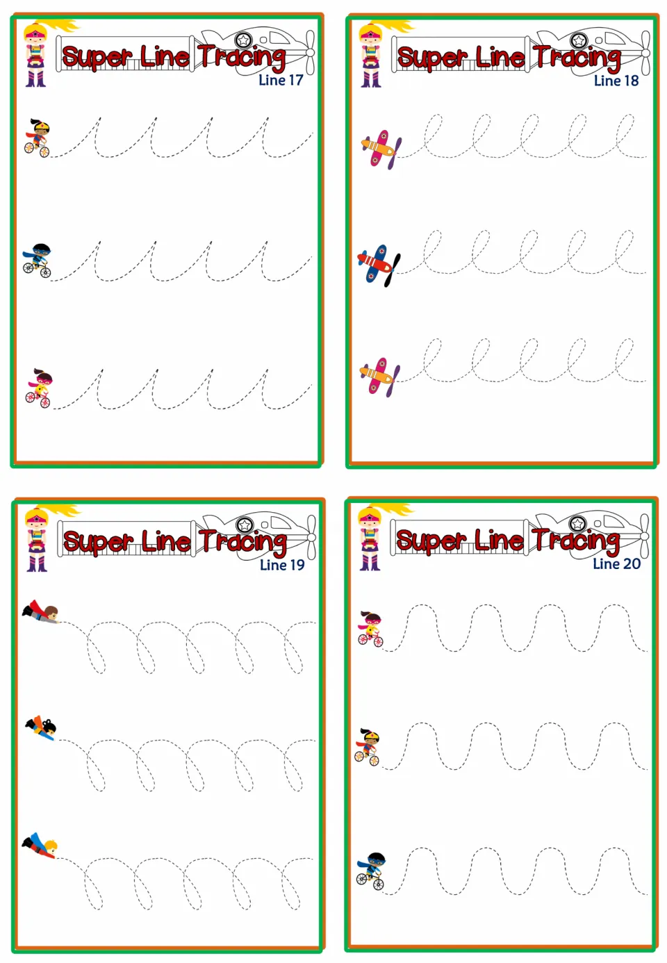 Super Line Tracing Lines 17-20: students trace dashed cursive-style hooks, loops, looping coils and rounded waves