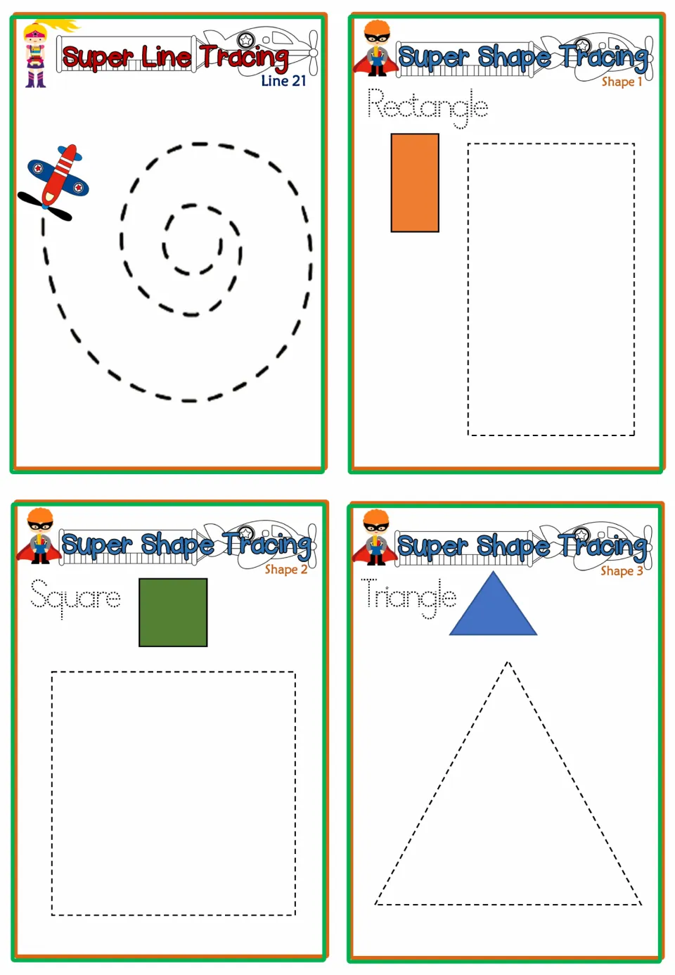 Line 21 spiral path from an airplane, then Super Shape Tracing 1-3: students trace a dashed rectangle, square and triangle