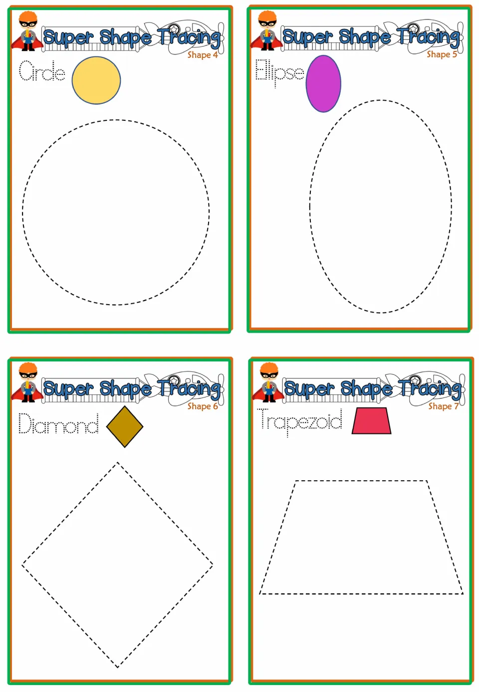 Super Shape Tracing Shapes 4-7: students trace the word and dashed outline of a circle, ellipse, diamond and trapezoid