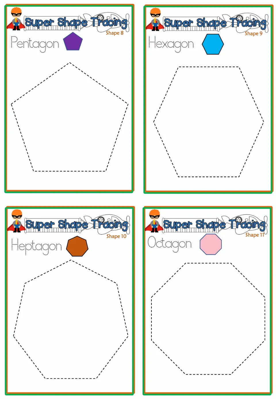 Super Shape Tracing Shapes 8-11: students trace the word and large outline of a pentagon, hexagon, heptagon and octagon