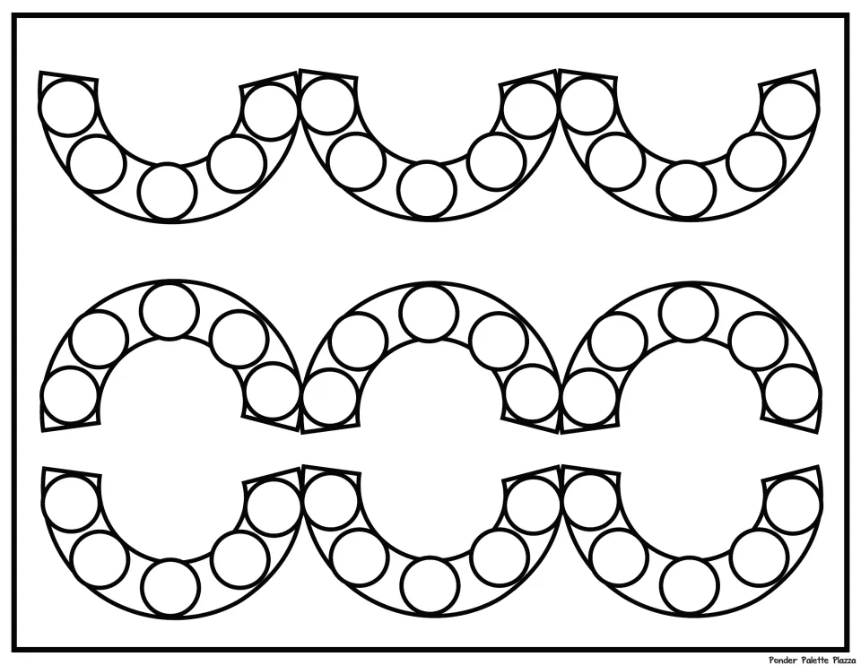 Dot marker practice sheet 1: circular targets follow three curved paths of repeating scoops and arches.
