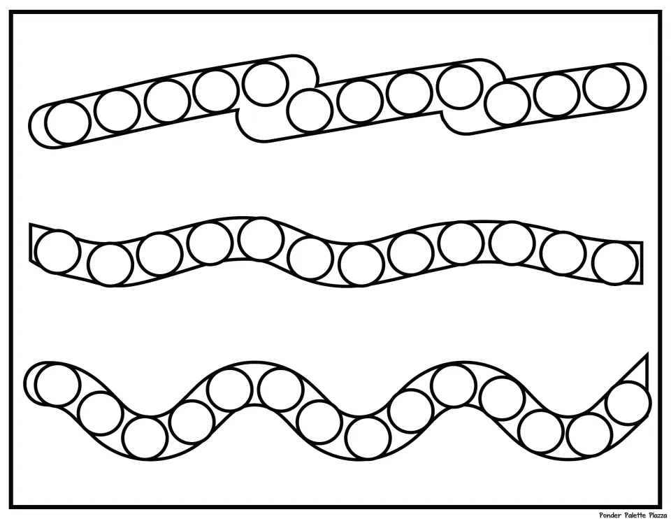 Dot marker practice sheet 2: circular targets follow a rising stepped path and two different wavy paths.