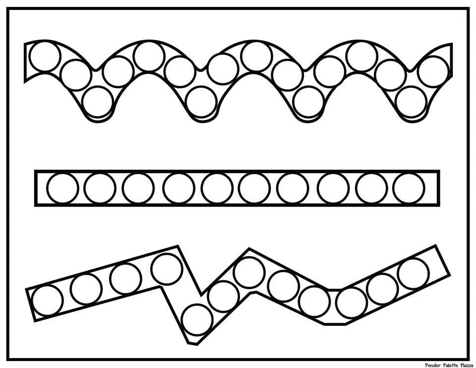 Dot marker practice sheet 3: circular targets follow a scalloped path, a straight path, and a zigzag path.